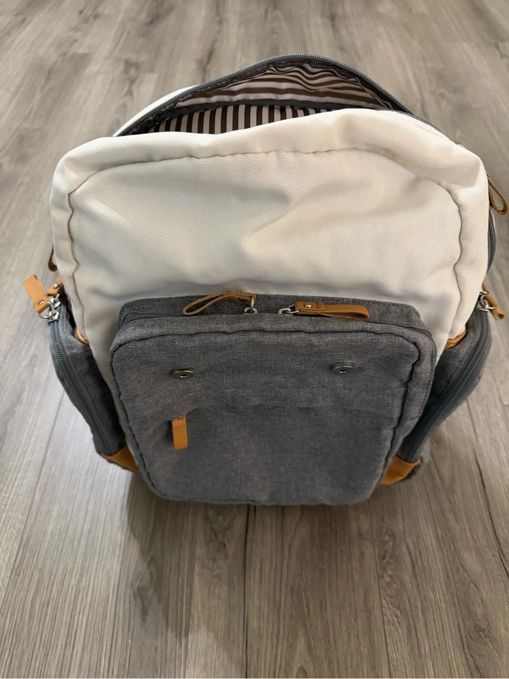 Canvas Two-Tone Gray & Cream Backpack with Tan Accents